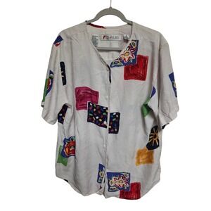 Vintage 90s Chaus Women 16 Abstract Print Rayon Short‎ Sleeve Button Front Shirt